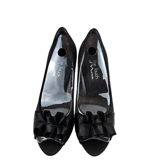 The Touch Of Nina Heels Women Size 8.5 Black Satin Peep Toe Ruffle Leather Sole - Picture 3 of 10